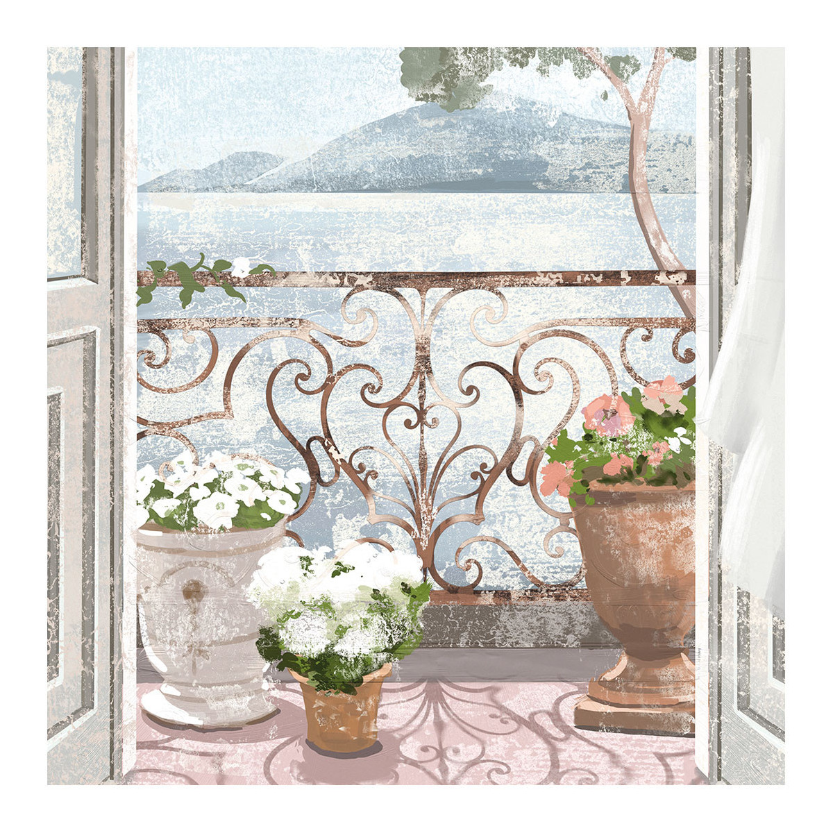 Toile trompe-l'œil - Balcon Méditerranéen beige, MATHILDE M