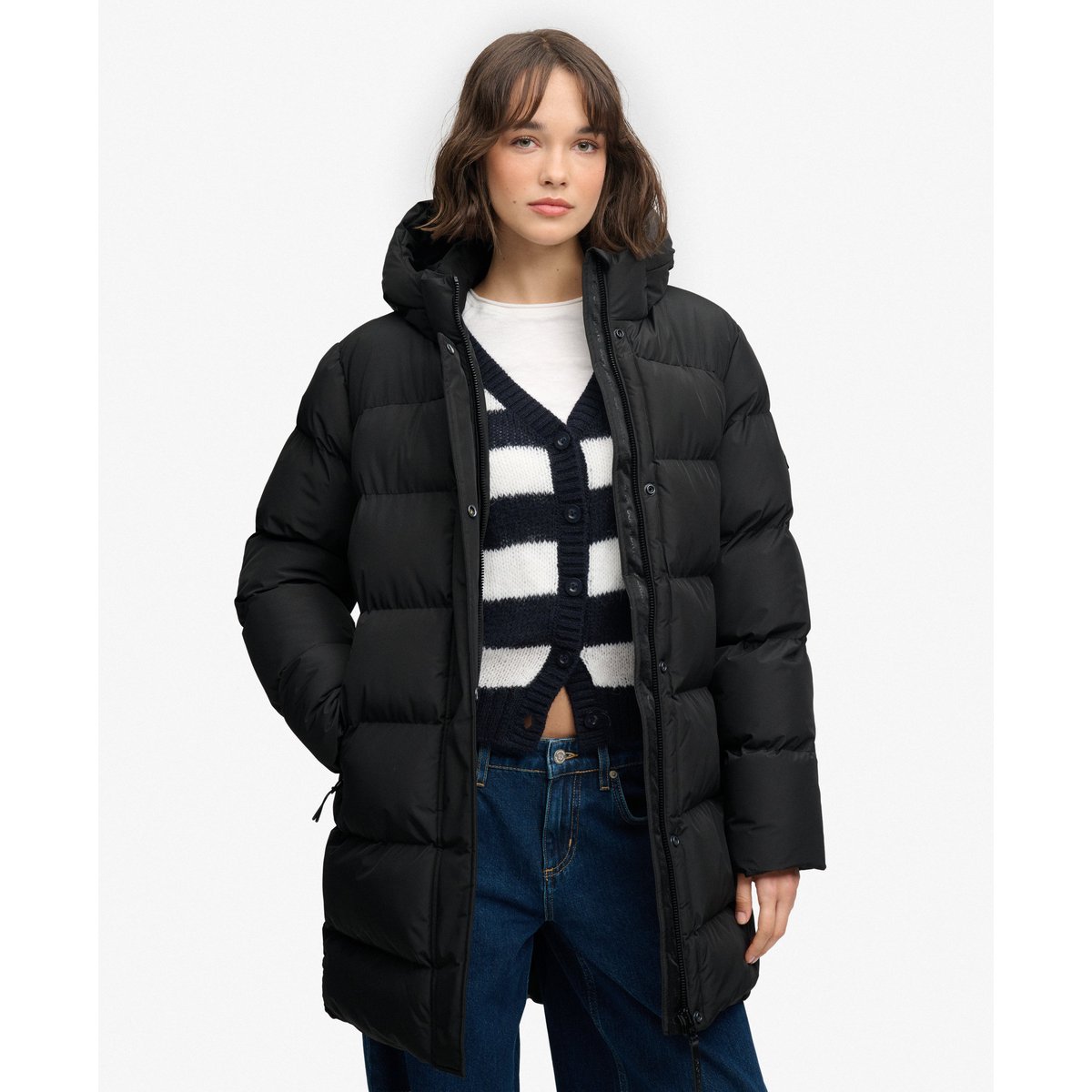 Doudoune mi-longue à capuche Sports noir, SUPERDRY