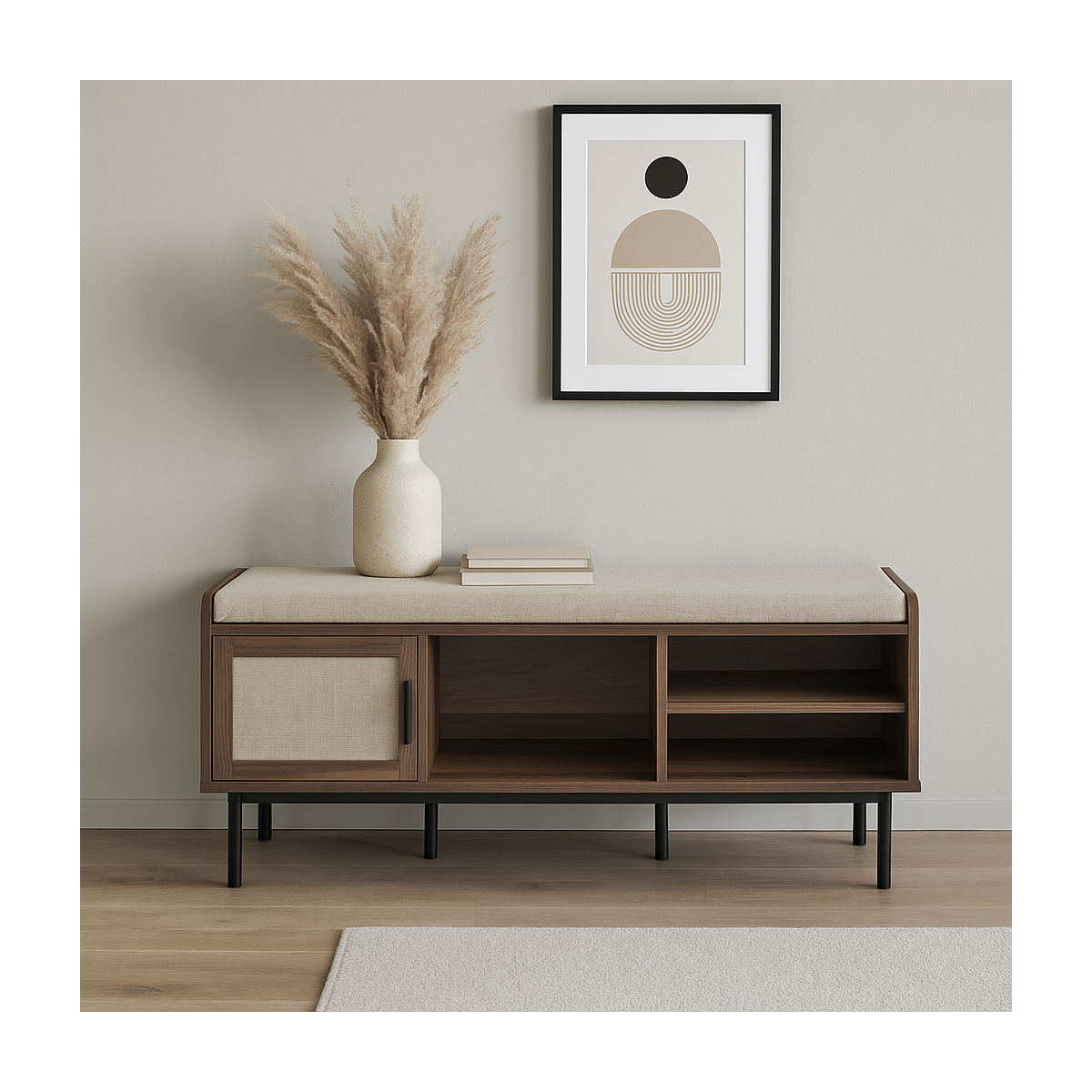 Banc d'entrée décor noyer 1 porte avec façade en tissu  JETSON bois foncé, CALICOSY
