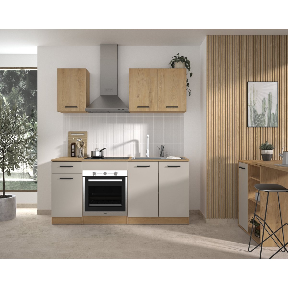 Composition de cuisine effet bois chêne silva beige, GAMI