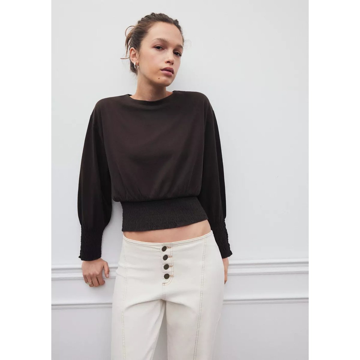 T-shirt coton détails froncés marron, MANGO TEEN