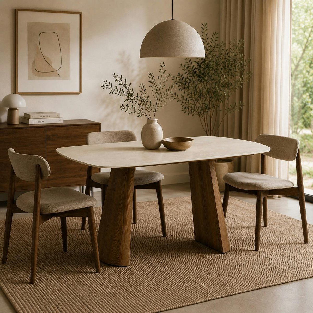 Table à manger céramique à bords arrondis 135 cm LARIO beige, PIER IMPORT