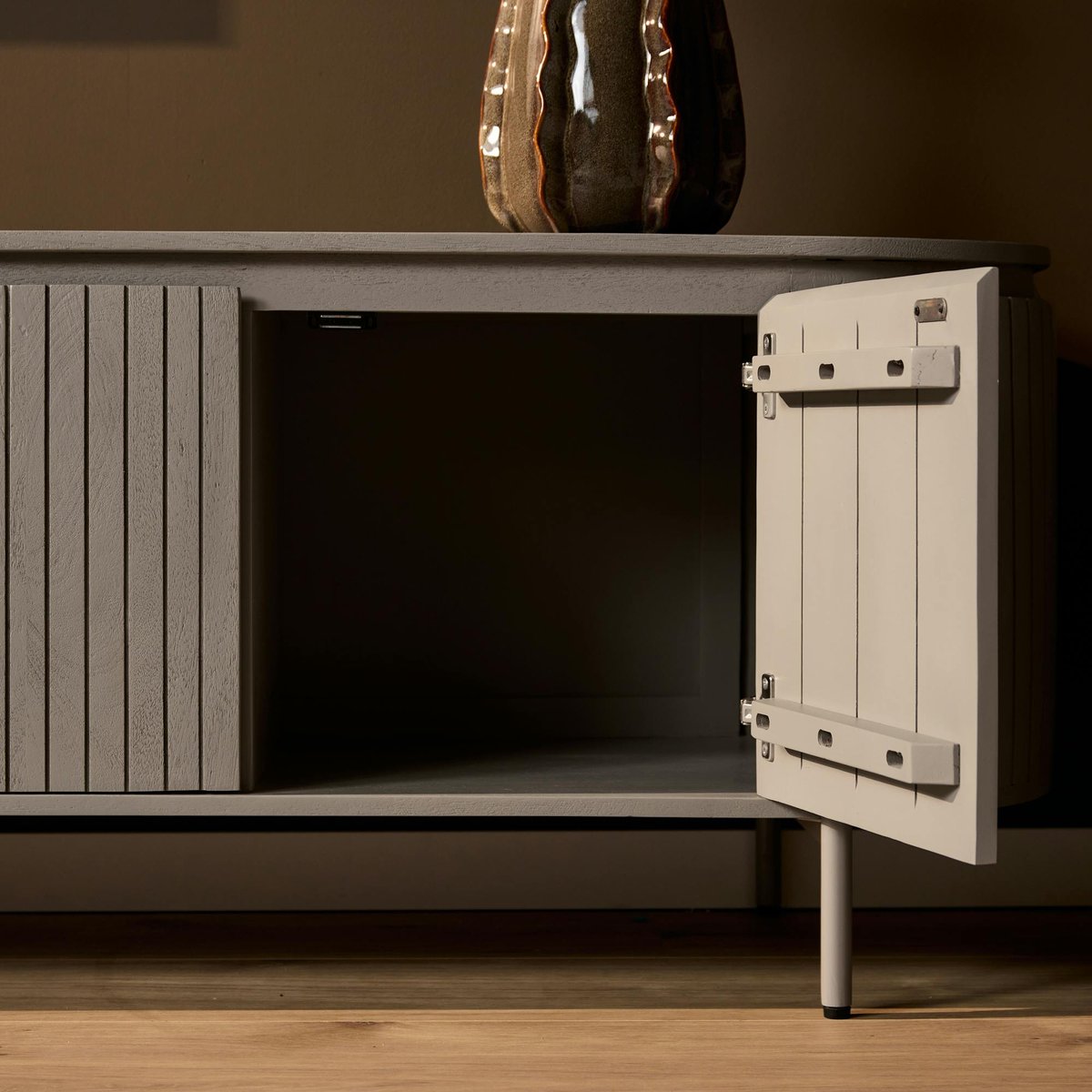 Meuble TV ovale en bois, 3 portes CALERO gris, PIER IMPORT