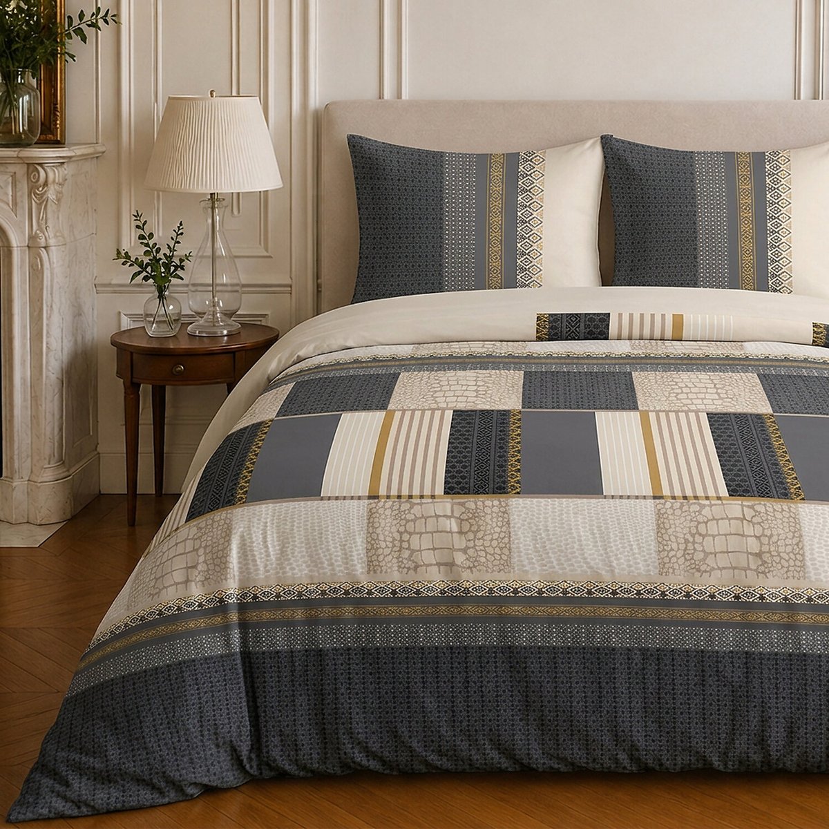 Parure de lit en coton motif géométrique, HELENE beige, C DESIGN HOME TEXTILE
