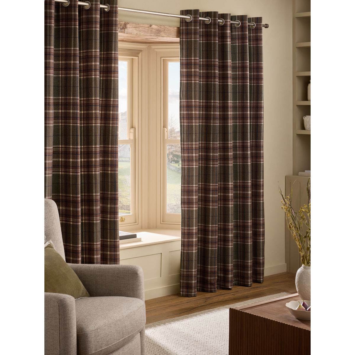 Rideaux doublés à carreaux brossés et œillets vert/rouille, NEXT