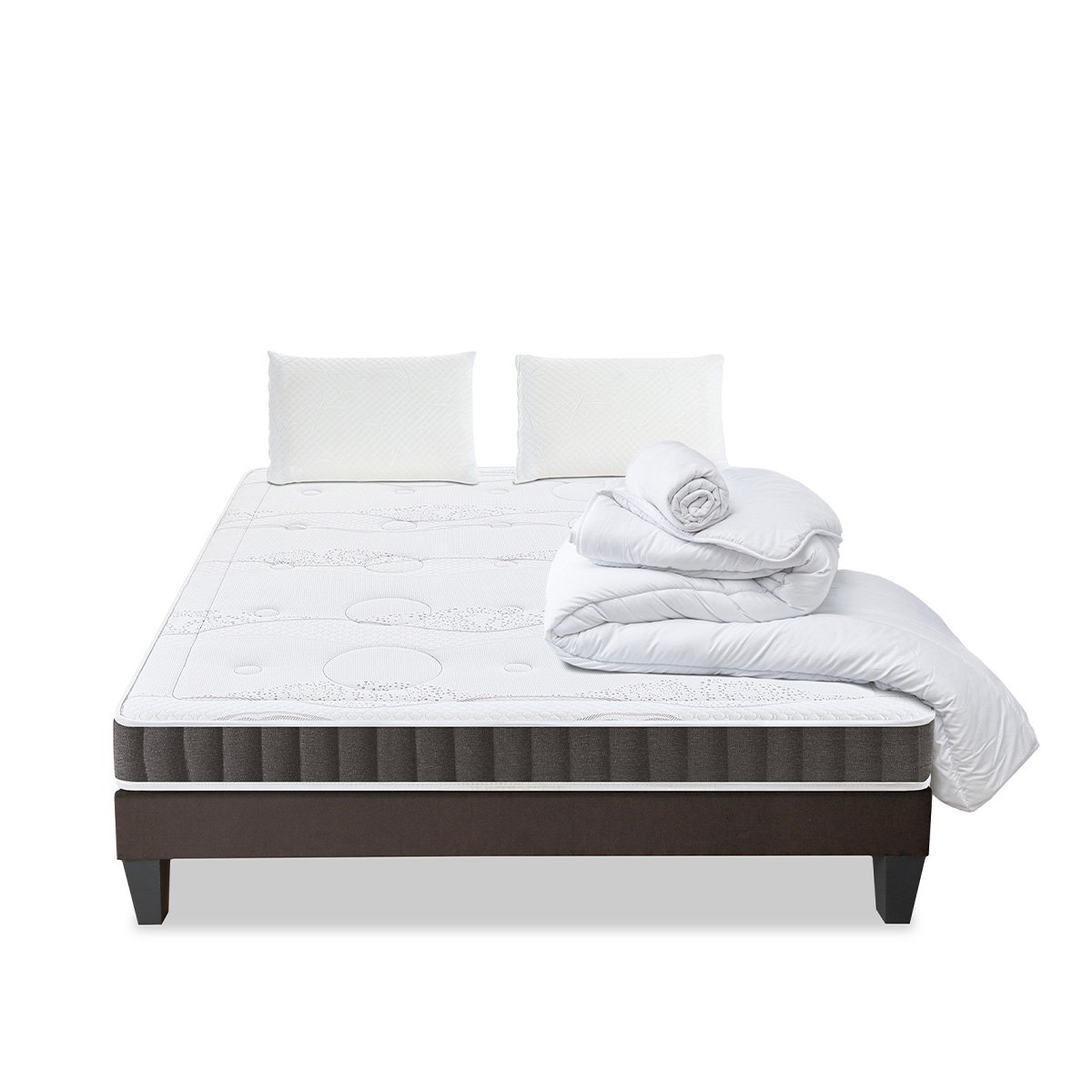 Pack Intuition 140x190 cm Matelas Mousse + Sommier Bois + Accessoires blanc, OLYMPE LITERIE