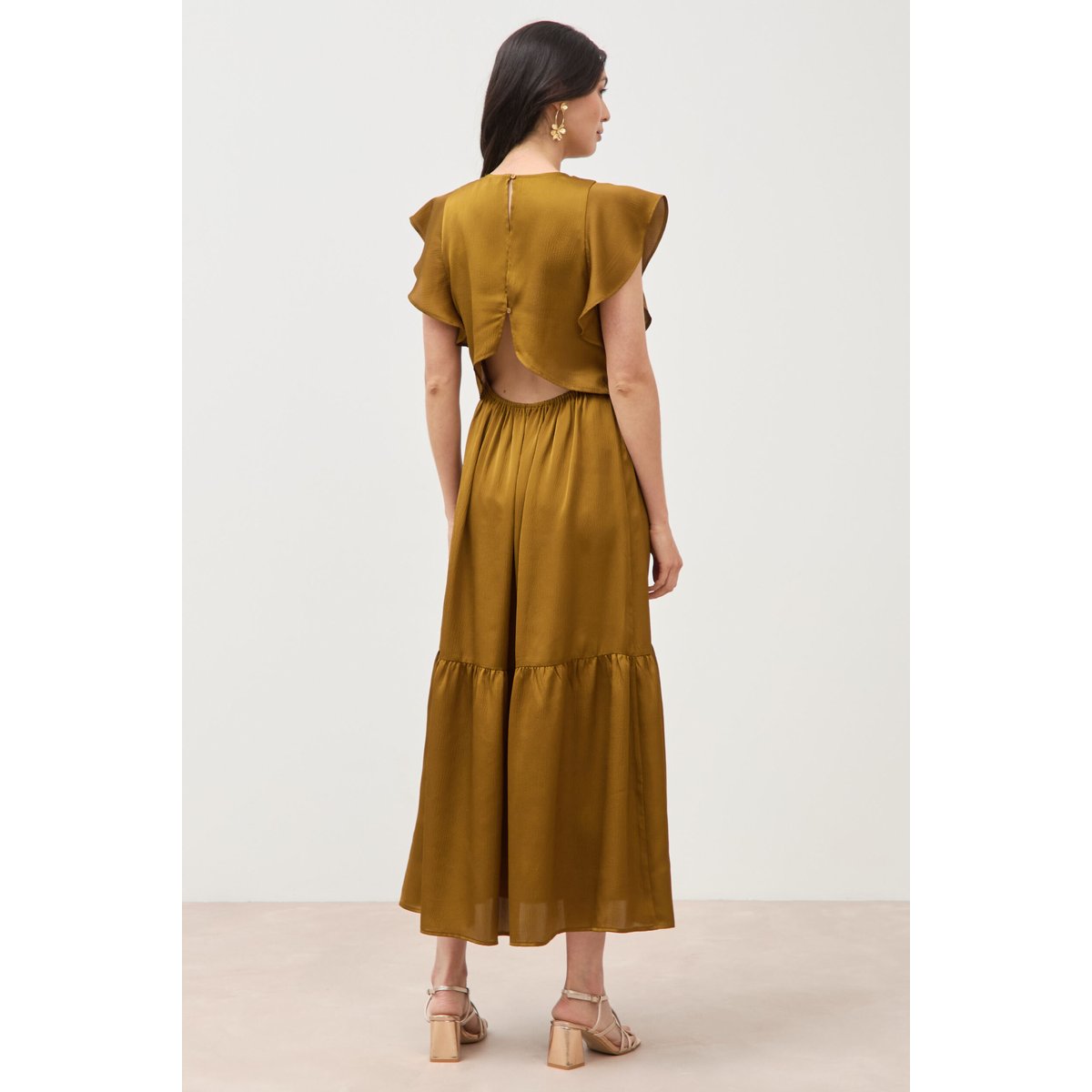 Robe fluide col v manches courtes vert fonce, BONOBO
