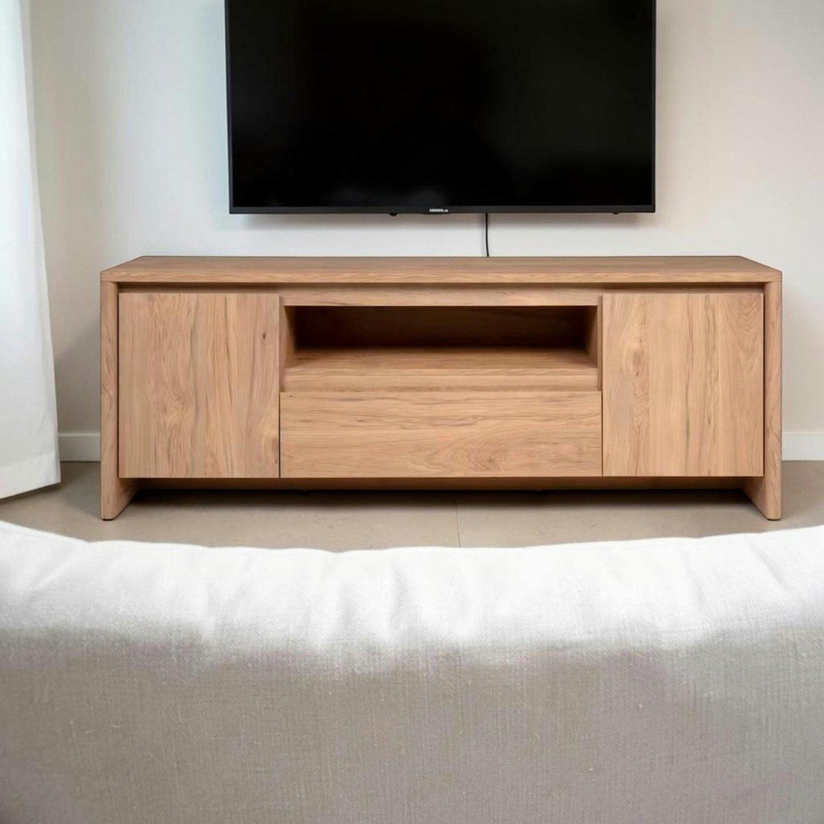 Meuble TV effet bois 2 portes 1 tiroir ALVA bois naturel, PIER IMPORT