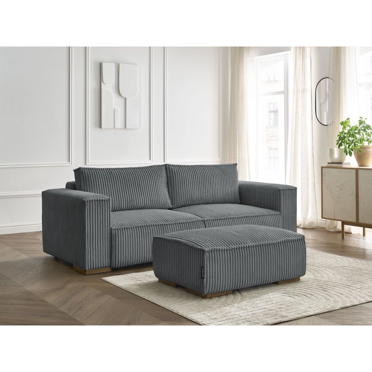 Canapé droit convertible 4 places en gros côtelé doux avec pouf, CHELSEA gris foncé, BOBOCHIC