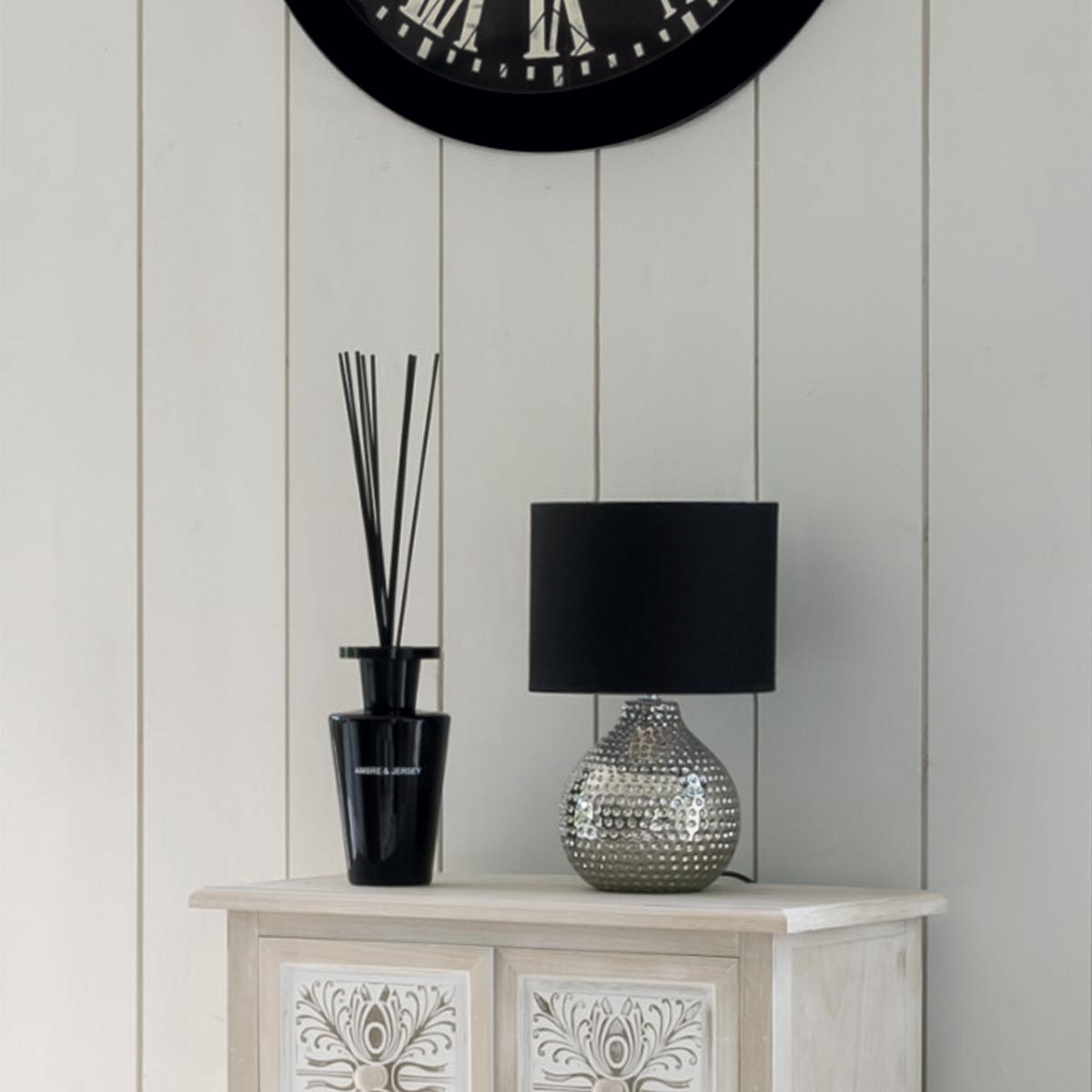 Lampe à poser en céramique argentée abat-jour en tissu MOZO noir, ATMOSPHERA