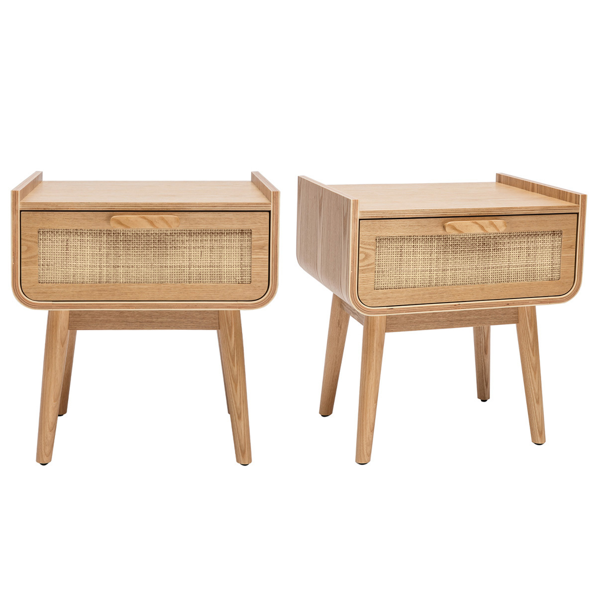 Tables de chevet avec tiroir en bois clair frêne et cannage rotin (lot de 2) ATHÈNE frêne, MILIBOO