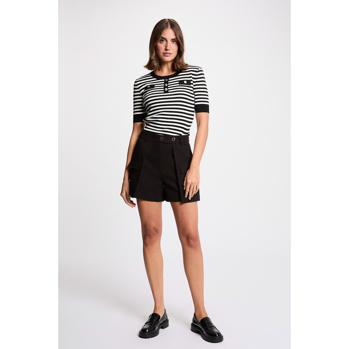 Striped Short Sleeve Crew Neck Jumper black striped/white, MORGAN