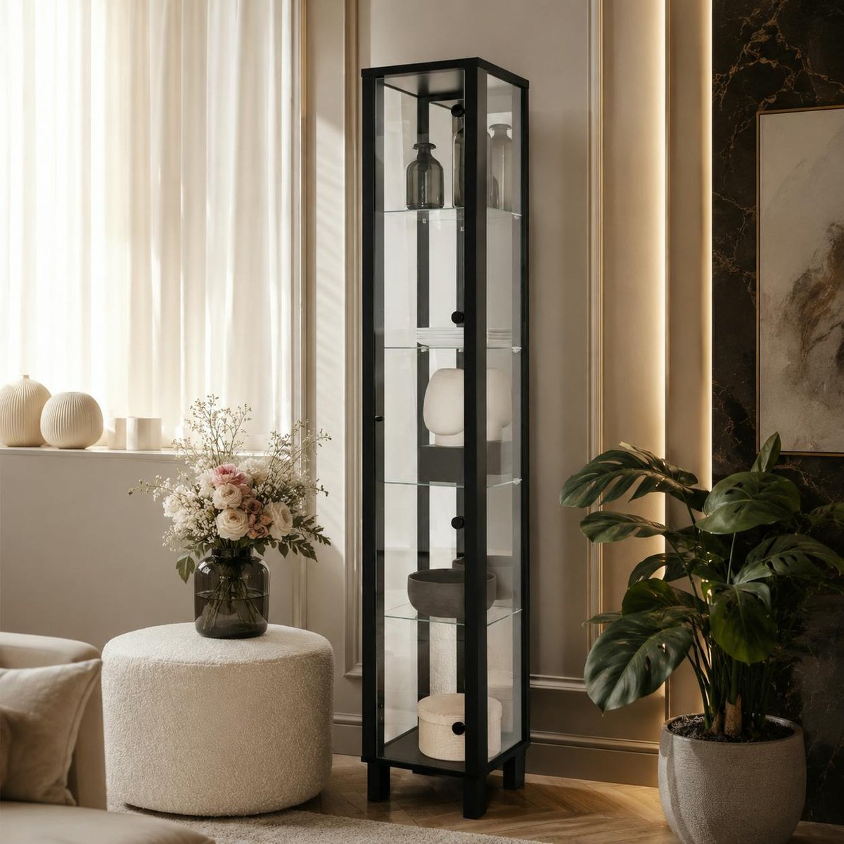 Colonne vitrine avec miroir, 5 niveaux RAVEN noir, PIER IMPORT
