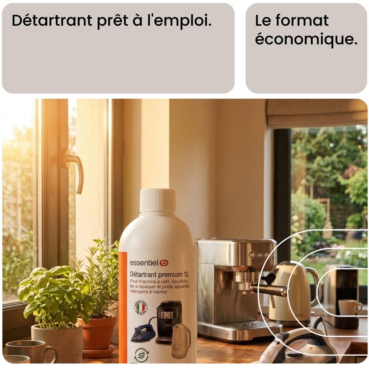 Détartrant Premium 1L multi-appareils, efficace contre le calcaire couleur unique, ESSENTIEL B