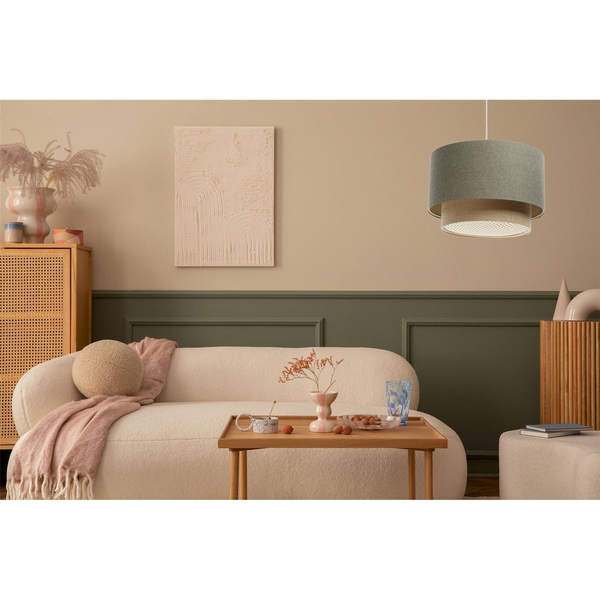 Suspension en tissu rond avec diffuseur rotin Boho Elegant beige crème et rotin naturel, BPS KONCEPT