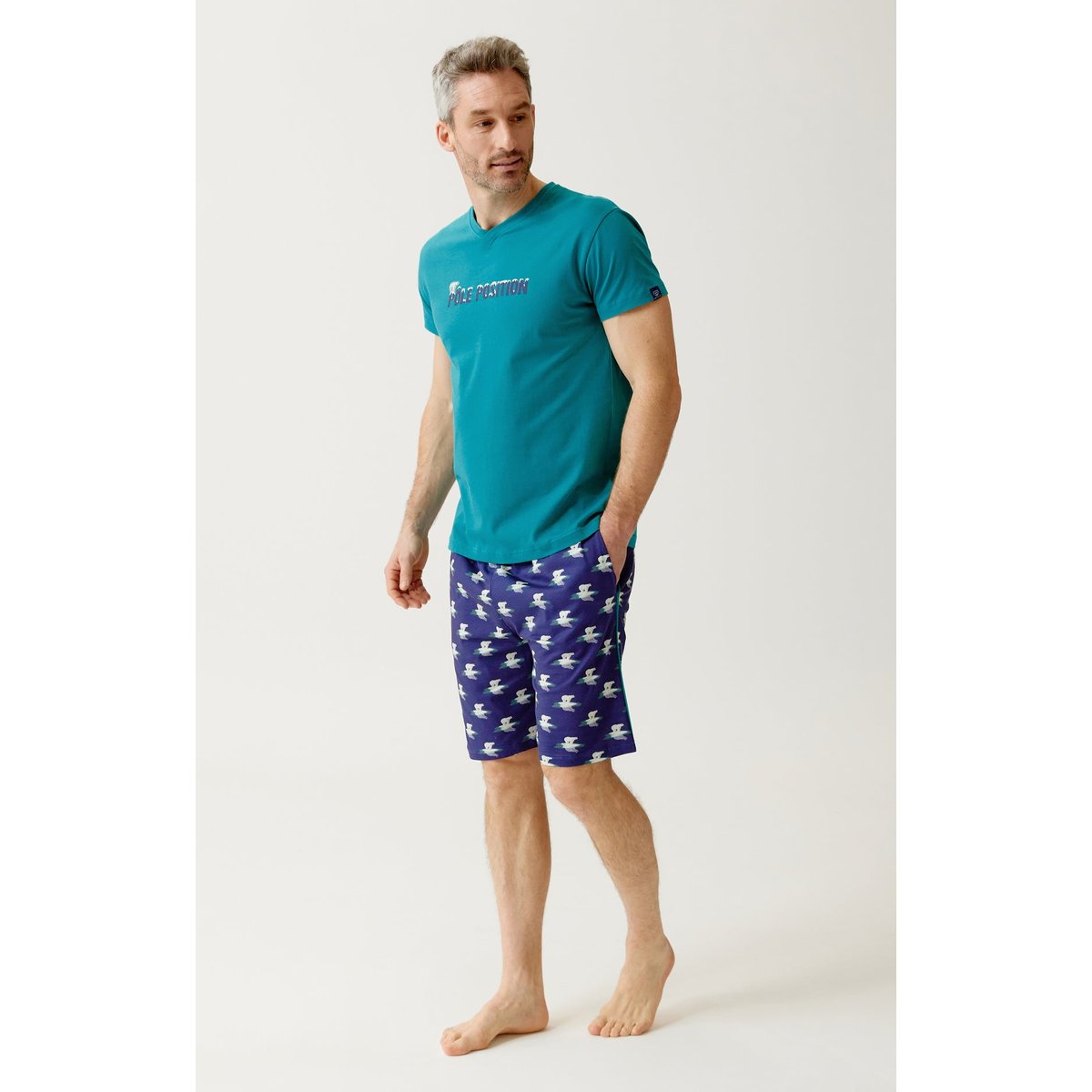 Pyjashort en jersey de coton léger imprimé Pôle position marine, ARTHUR