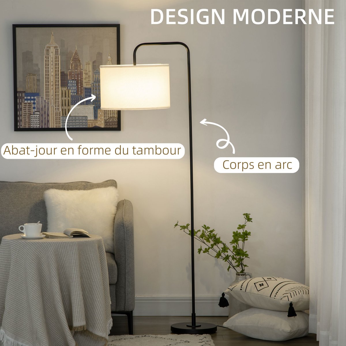 Lampadaire Acier Blanc noir, HOMCOM