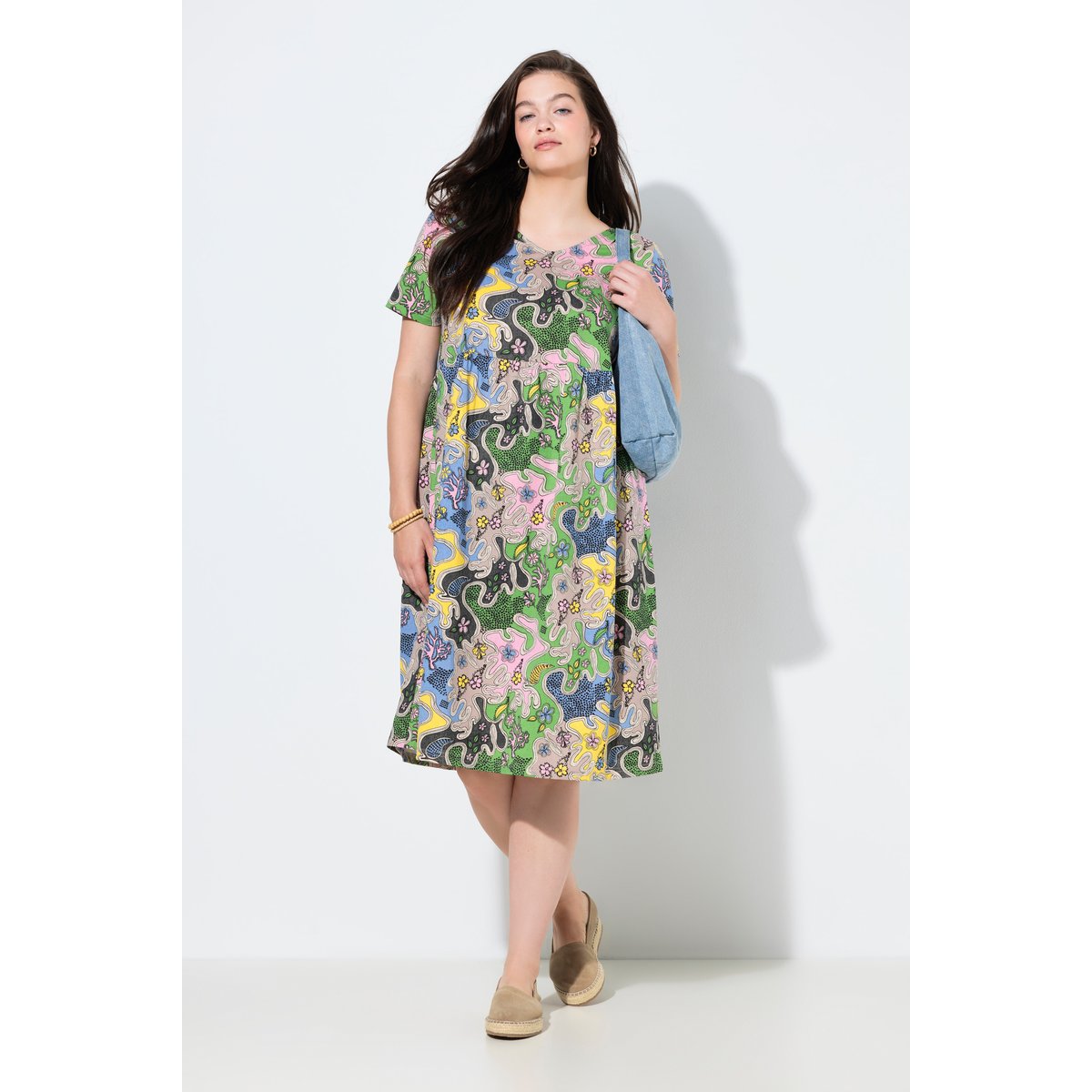 Robe midi à fleurs en coton bio vert mousse, ULLA POPKEN