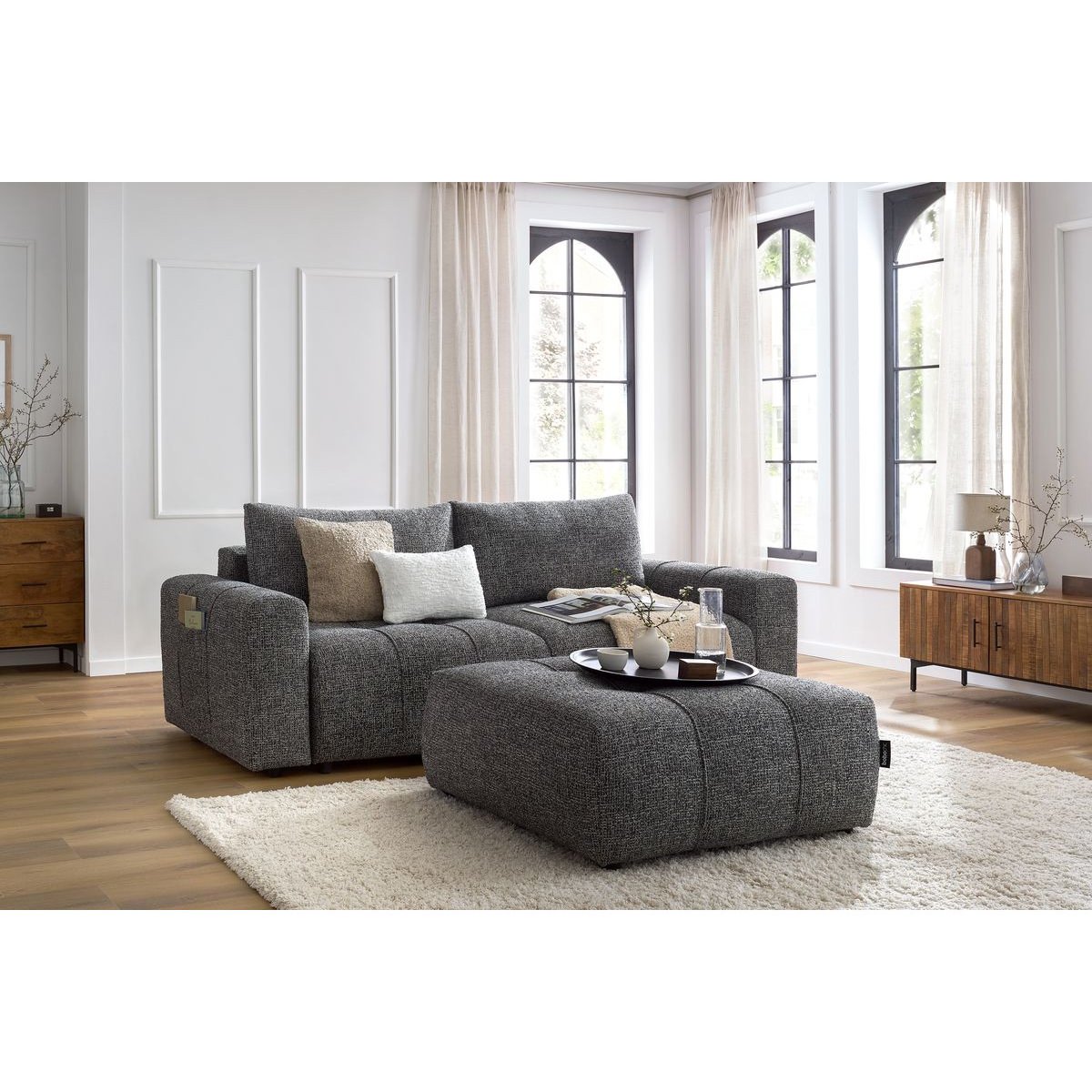 Canapé droit convertible 4 places en tissu chiné avec pouf, ARSENE gris foncé, BOBOCHIC