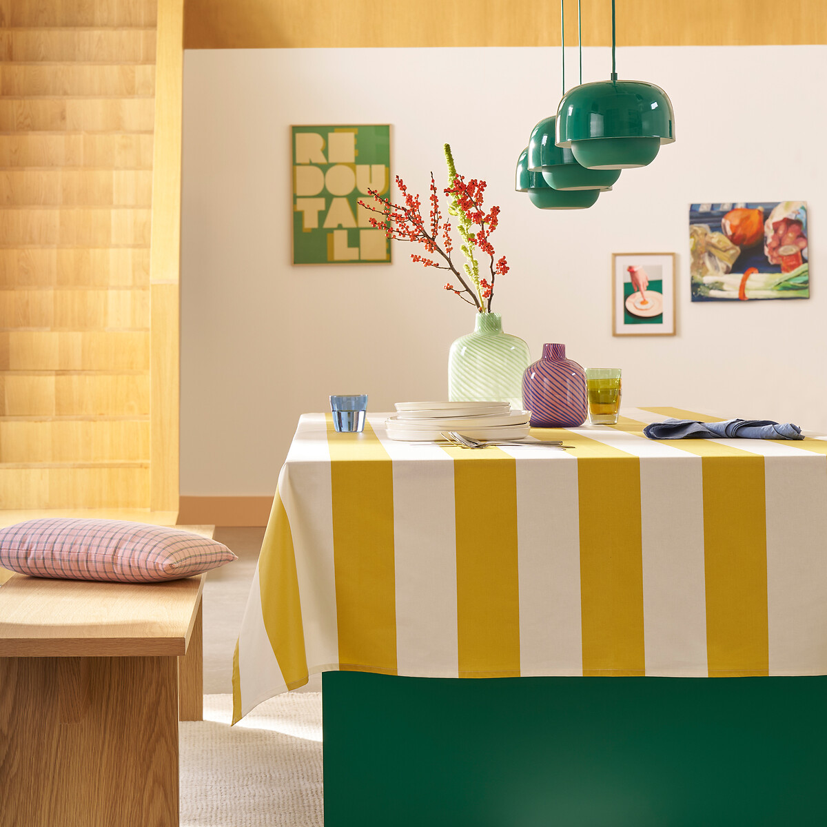 Hendaye Striped Coated Cotton Tablecloth yellow/white, LA REDOUTE INTERIEURS
