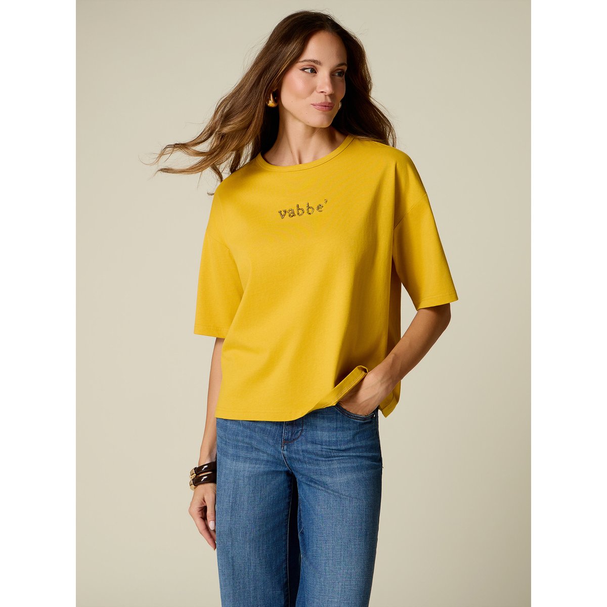 T-shirt avec broderie lettrage beige, OLTRE