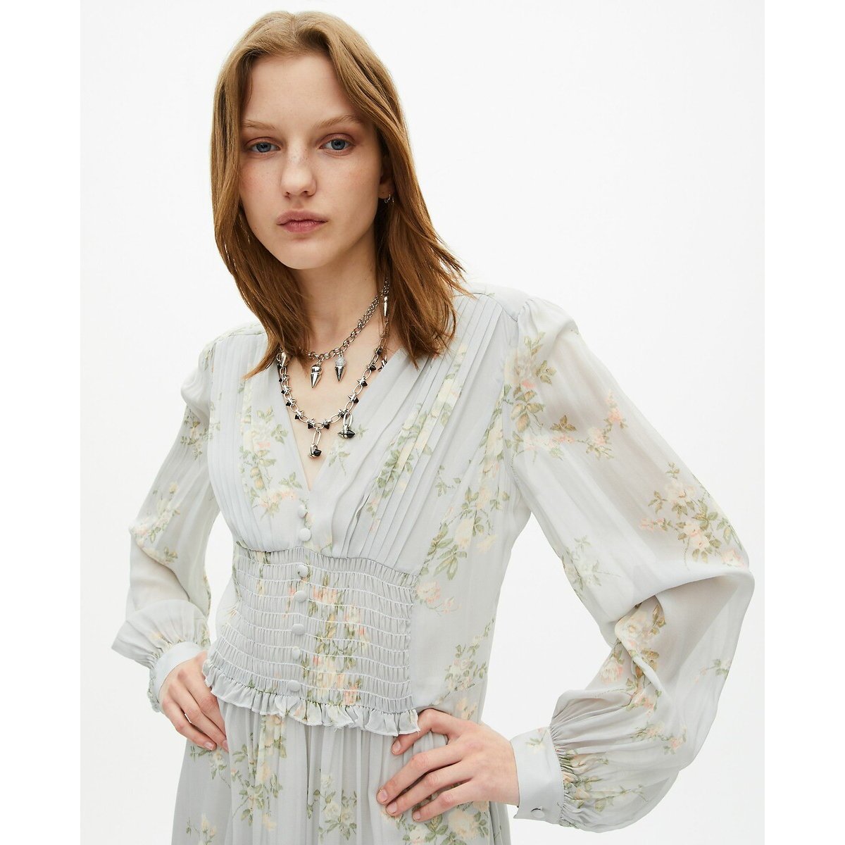 Floral Printed Mini Dress with V-Neck and Long Sleeves light blue, THE KOOPLES