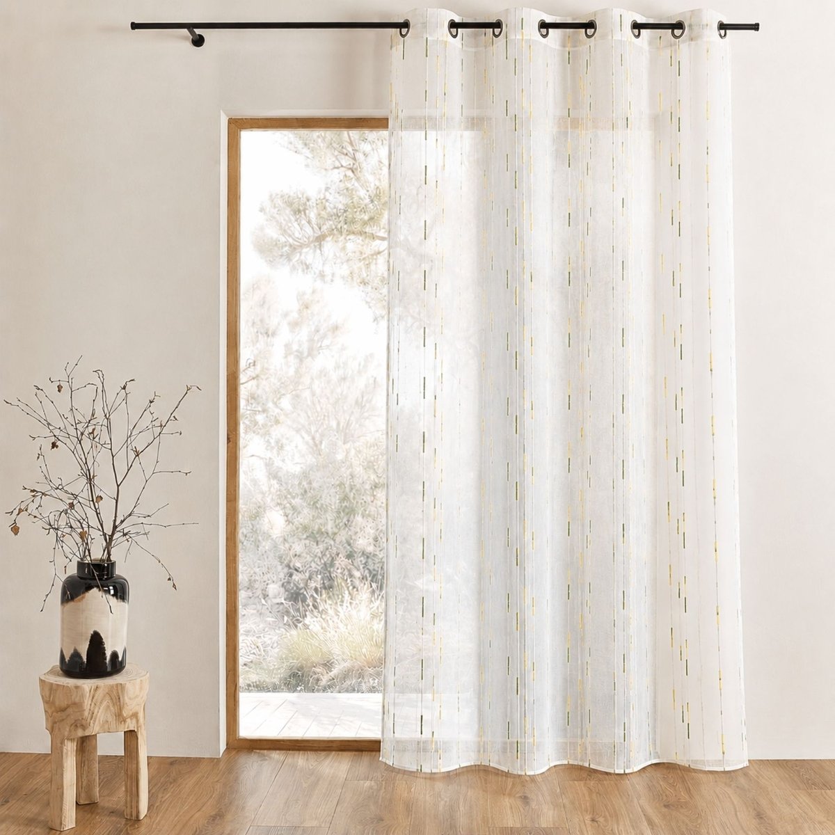 Voilage tamisant à motifs discrets de rayures vert clair, HOME MAISON