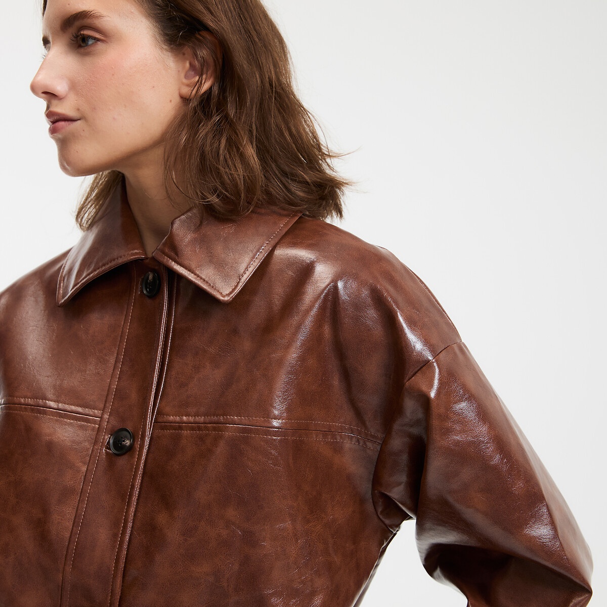 Mid-Length Buttoned Jacket in Faux Patent Leather brown, LA REDOUTE COLLECTIONS