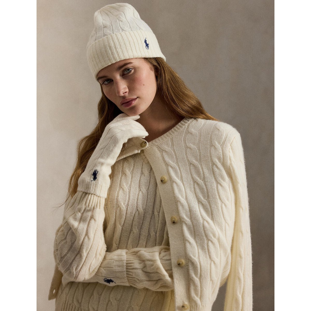 Bonnet avec logo brodé, 90% laine 10% cachemire crème, POLO RALPH LAUREN