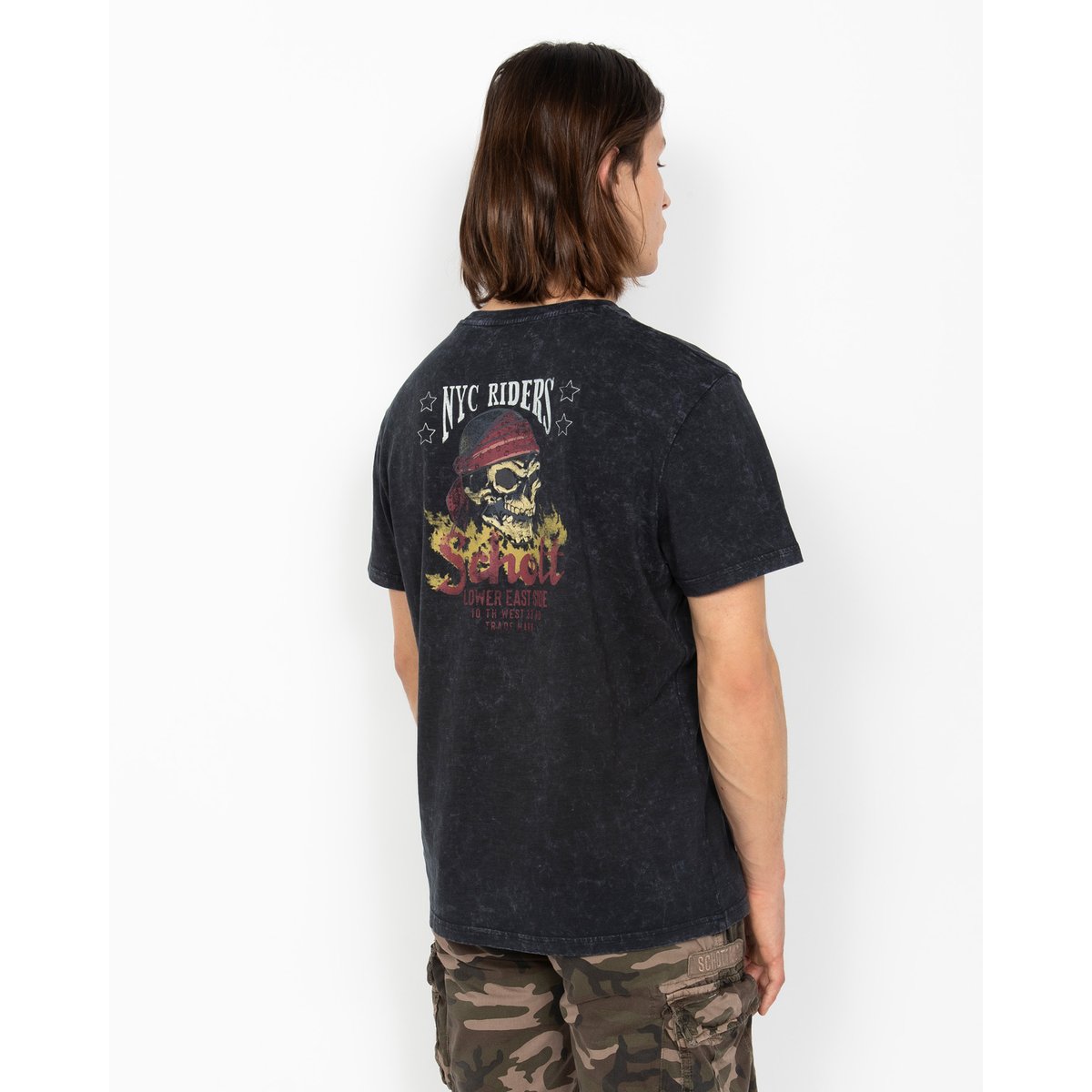 T-shirt biker, effet flammé noir délavé, SCHOTT