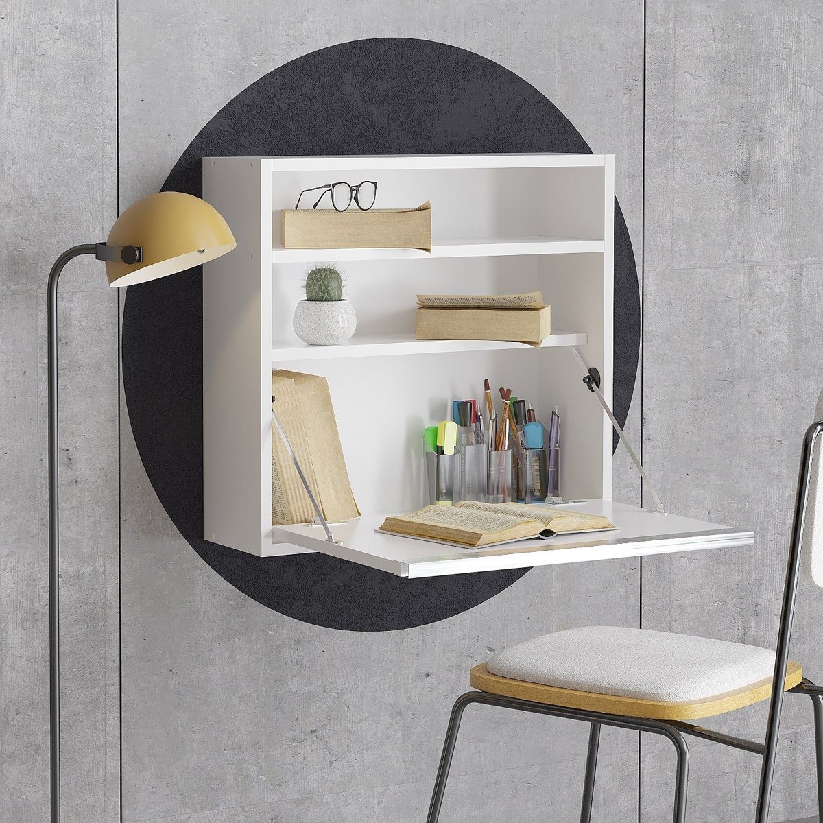 Bureau mural rabattable avec 2 étagères intégrées TULUM blanc, TOILINUX