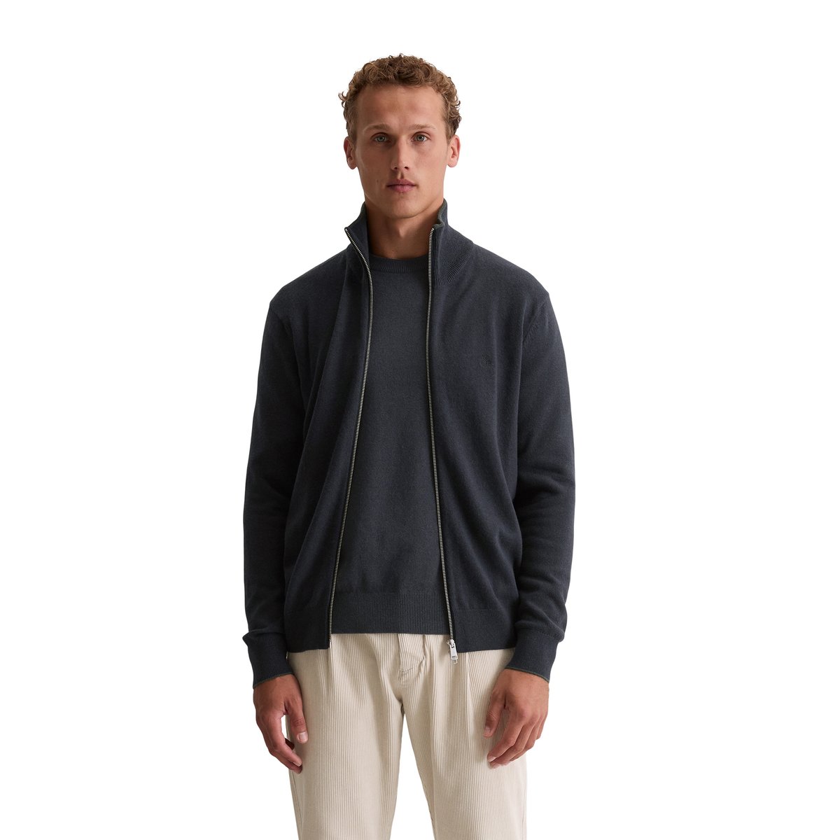 Cardigan zippé regular en mélange de coton et de laine vierge bio bleu foncé, MARC O'POLO