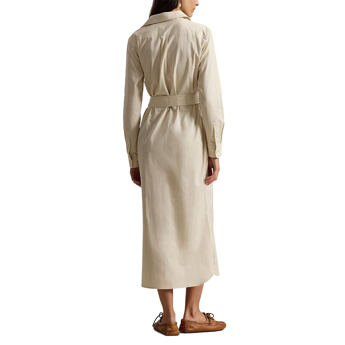 Abito chemisier a righe, maniche lunghe con cintura righe beige / bianco, POLO RALPH LAUREN