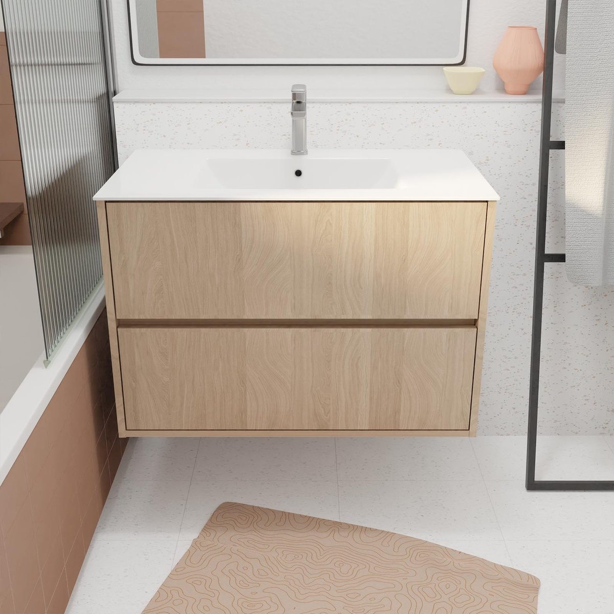 Meuble de salle de bains suspendu 2 tiroirs avec vasque naturel, HOME MAISON