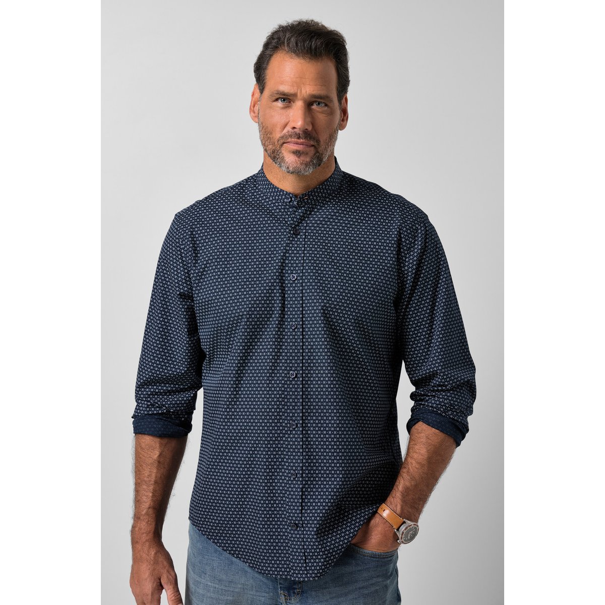 Chemise, manches longues, micro-imprimé bleu marine, JP1880
