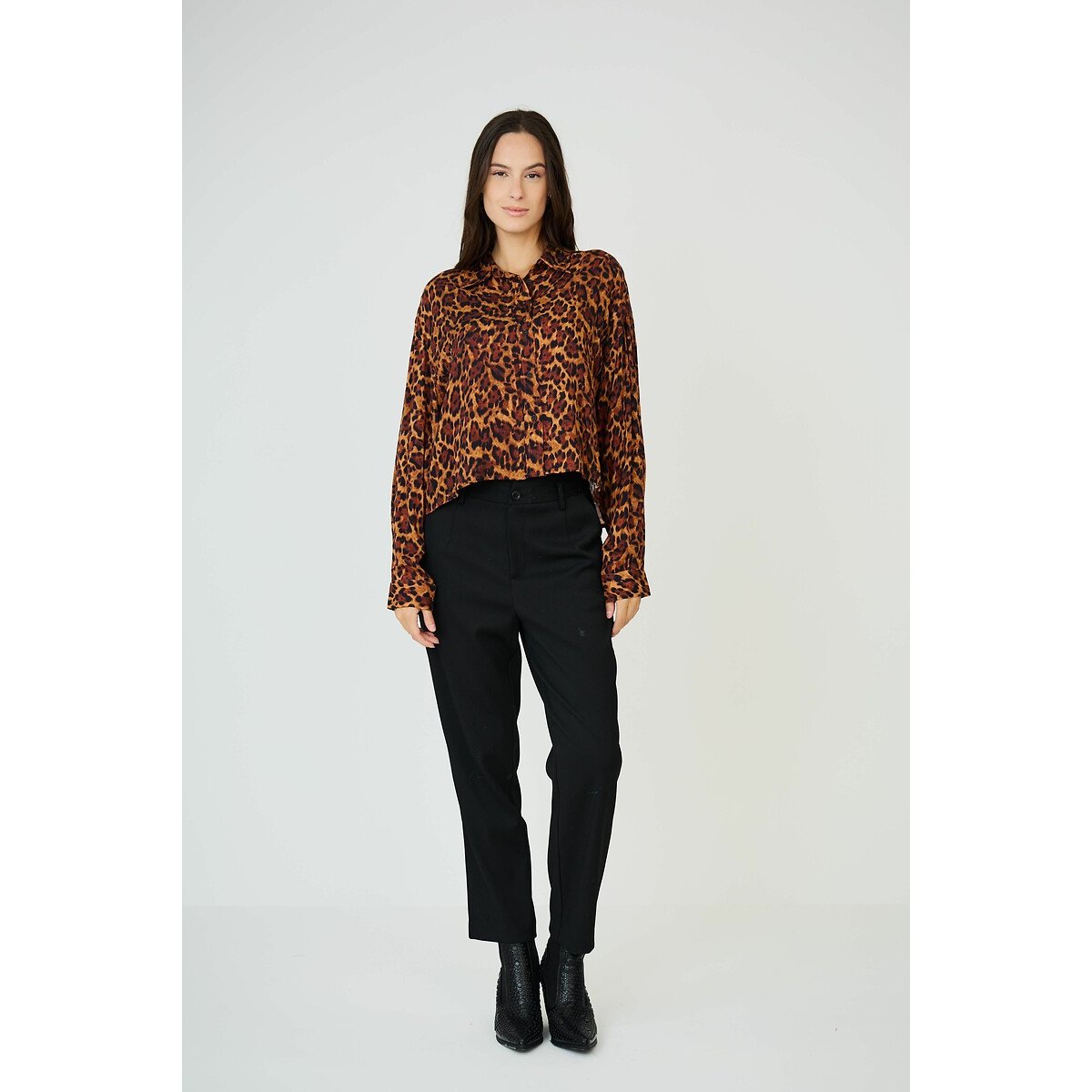 Animal Print V-Neck Blouse brown, SEE U SOON