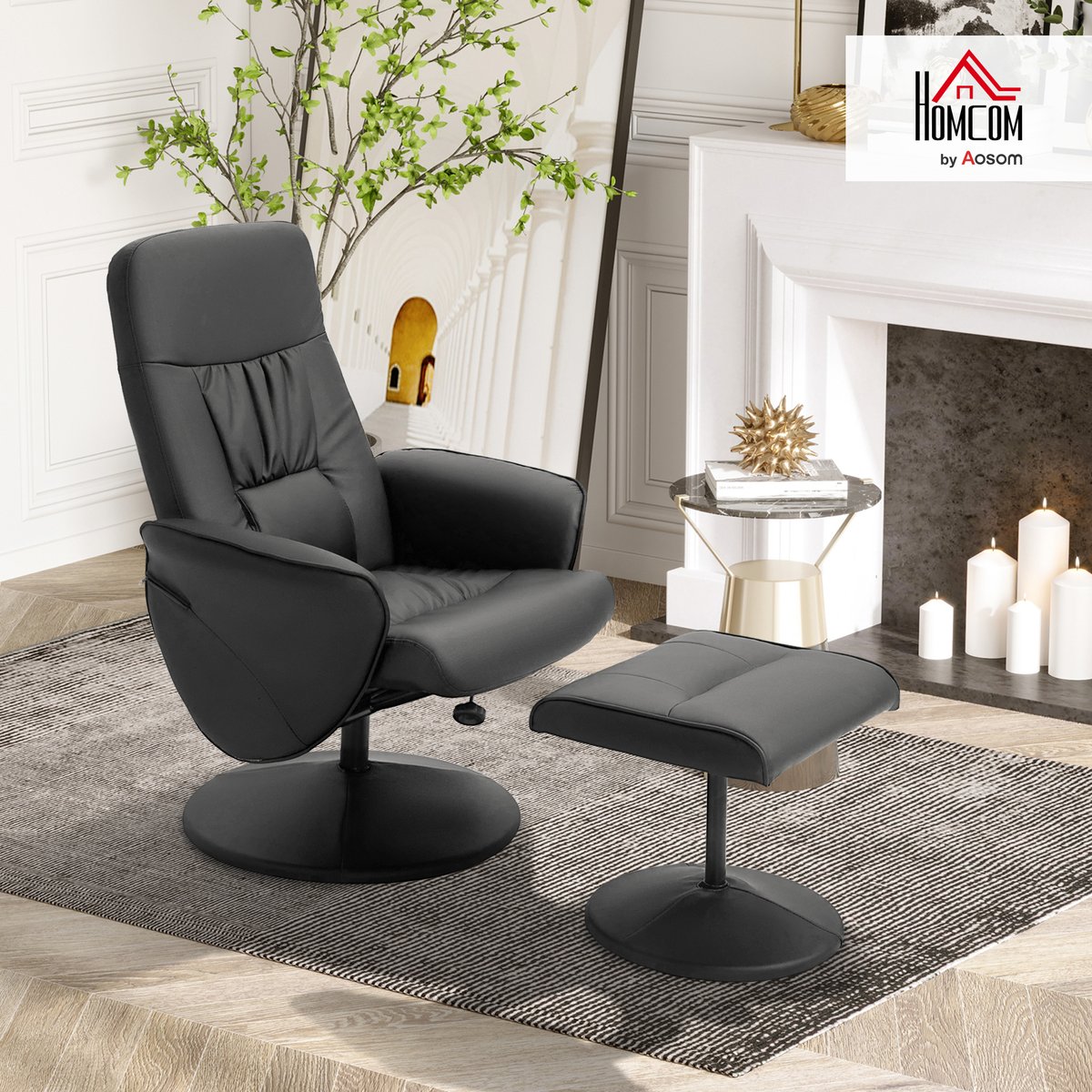 Fauteuil inclinable avec repose-pieds PU Noir noir, HOMCOM