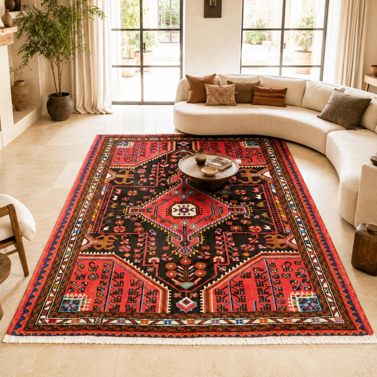 Tapis d'orient, motif oriental, noué main en laine, HAMADAN 22 rouge, bleu, noir, UN AMOUR DE TAPIS