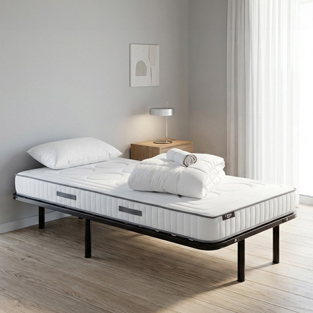 Prêt-à-dormir CRISTAL avec Cadre à lattes, Couette, Oreillers et Protège-matelas blanc, OLYMPE LITERIE