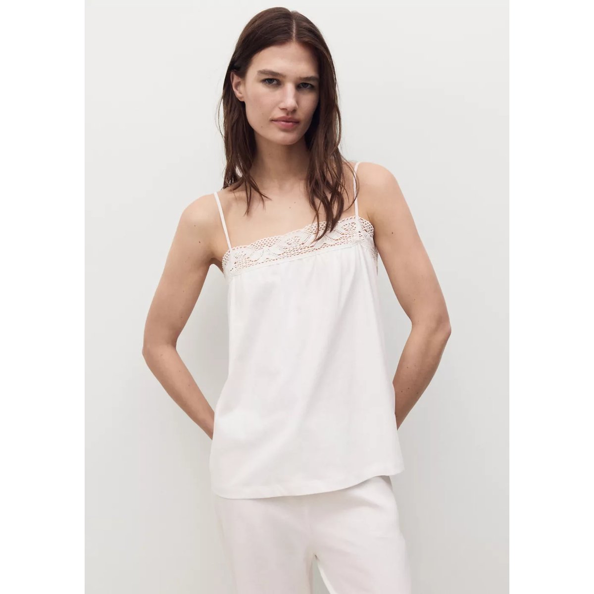 Top coton bretelles dentelle blanc, MANGO
