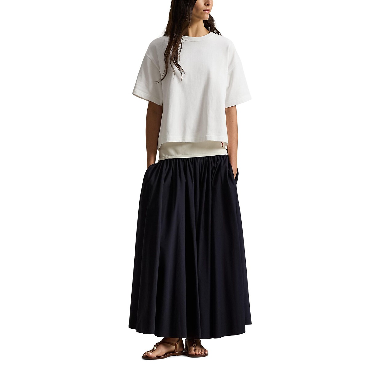 Jupe longue évasée à taille élastiquée marine, POLO RALPH LAUREN