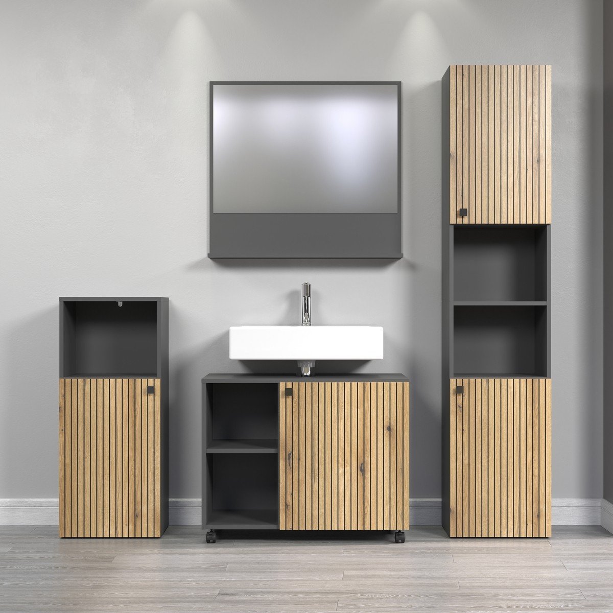 Miroir mural avec 1 tablette L80 cm - PUREBLISS gris anthracite, CALICOSY