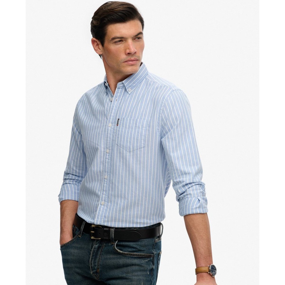 Chemise Oxford Essentielle à Manches Longues rayé bleu courtier, SUPERDRY