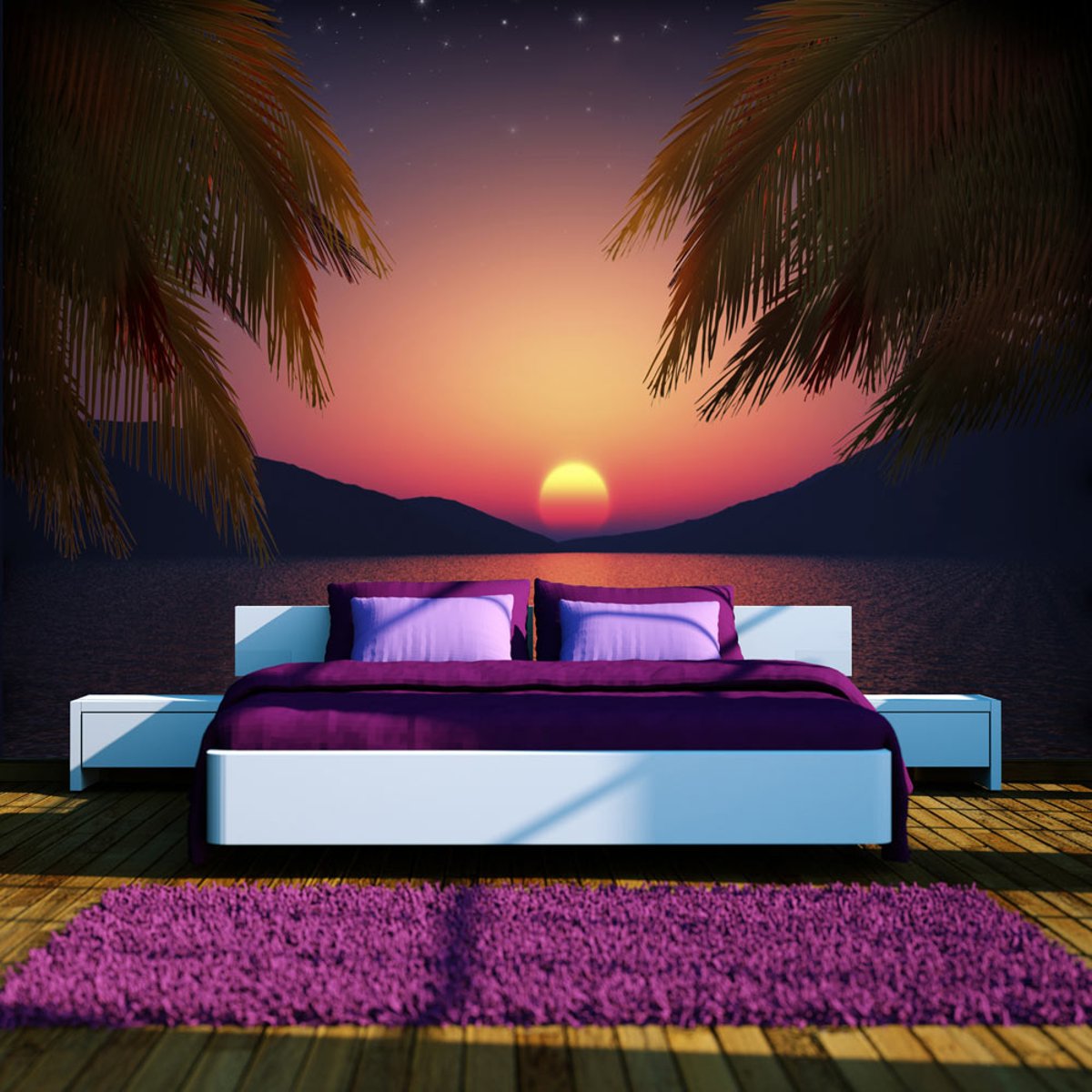 Papier peint intissé panoramique Paysage Soir romantique bleu, EDEN
