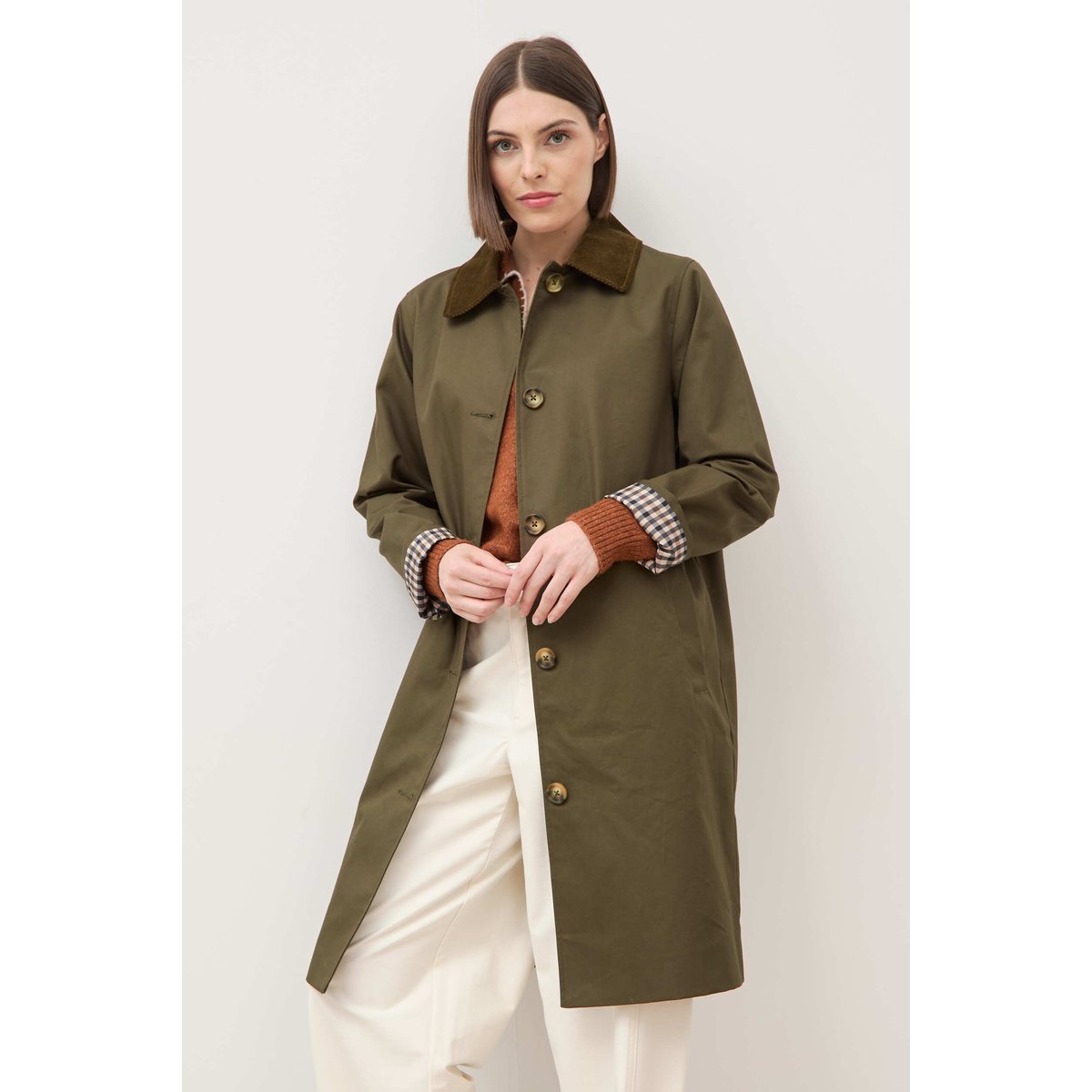 Trench droit long en coton doublé vert kaki, BONOBO