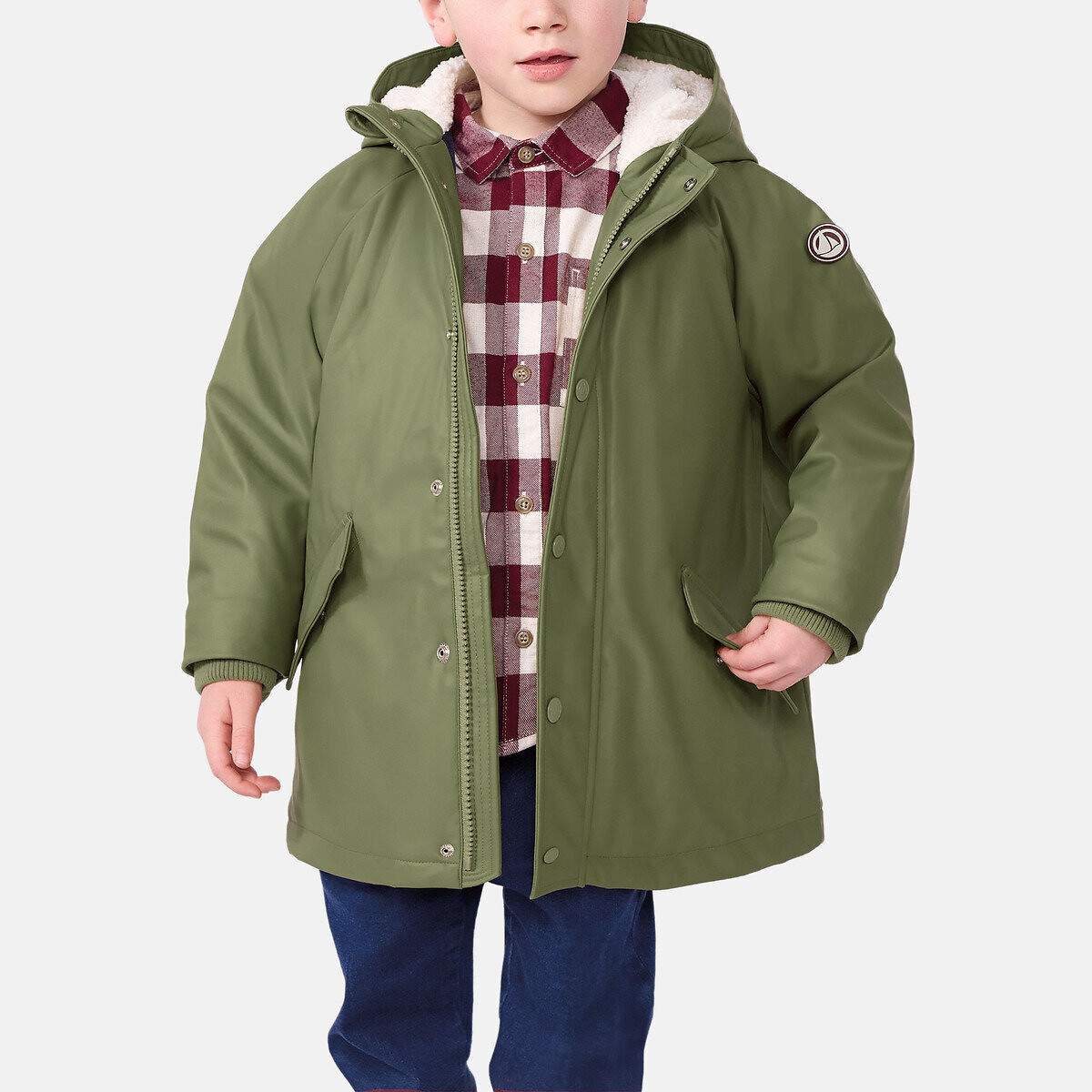Giacca impermeabile invernale foderata, a tinta unita, con cappuccio kaki, PETIT BATEAU