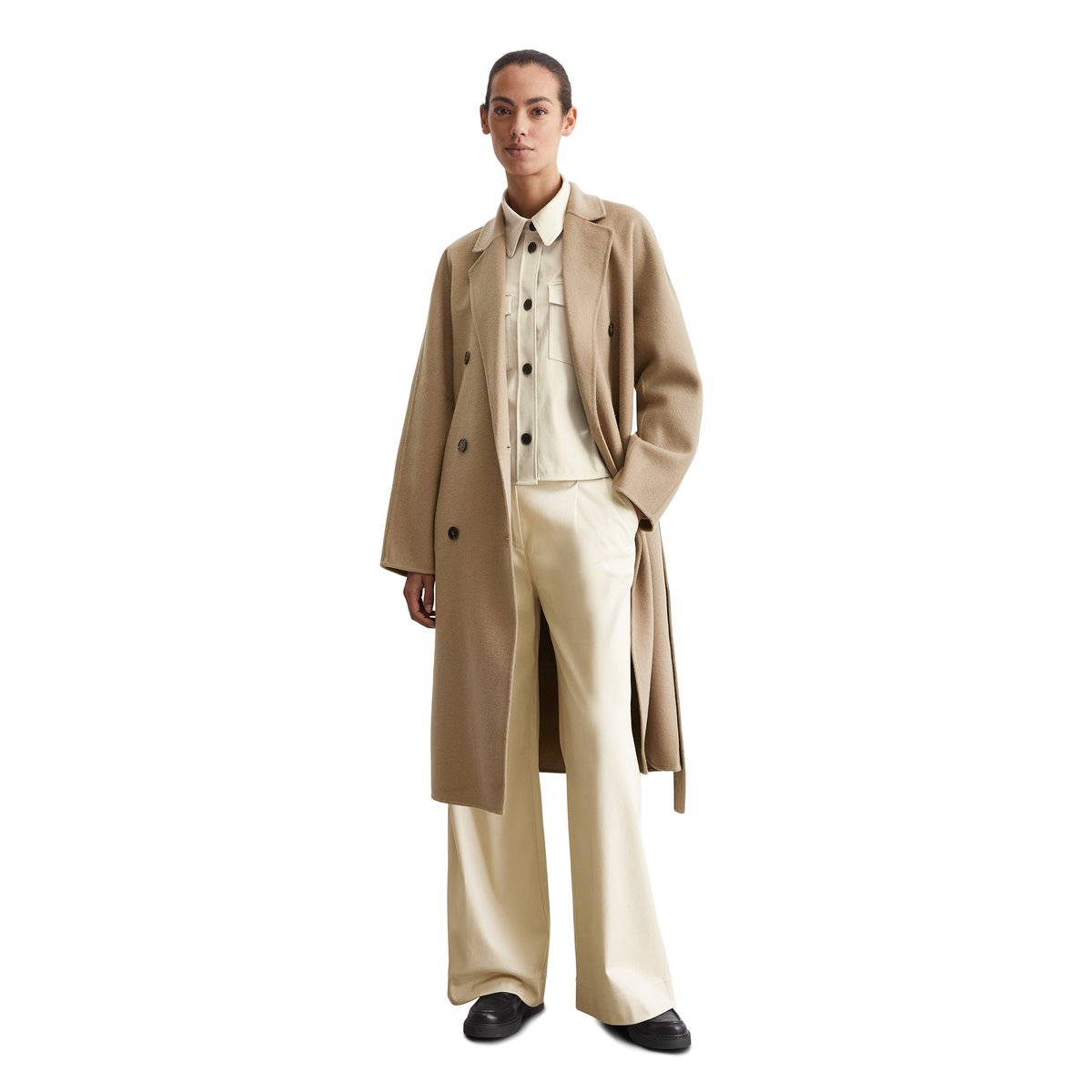 Manteau double boutonnage relaxed en mélange de laine double face beige, MARC O'POLO