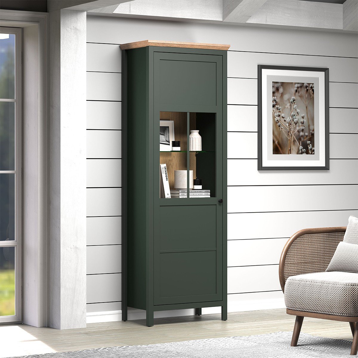 Vaisselier avec éclairage LED inclus et 1 porte H198 cm - Stanton vert, CALICOSY