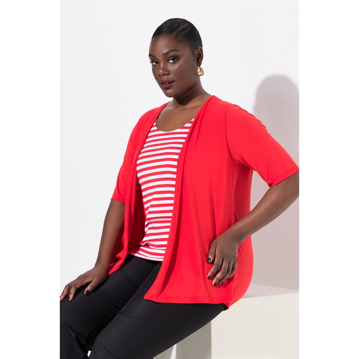 T-shirt 2 en 1 rayé. Manches courtes poivrons rouges, ULLA POPKEN
