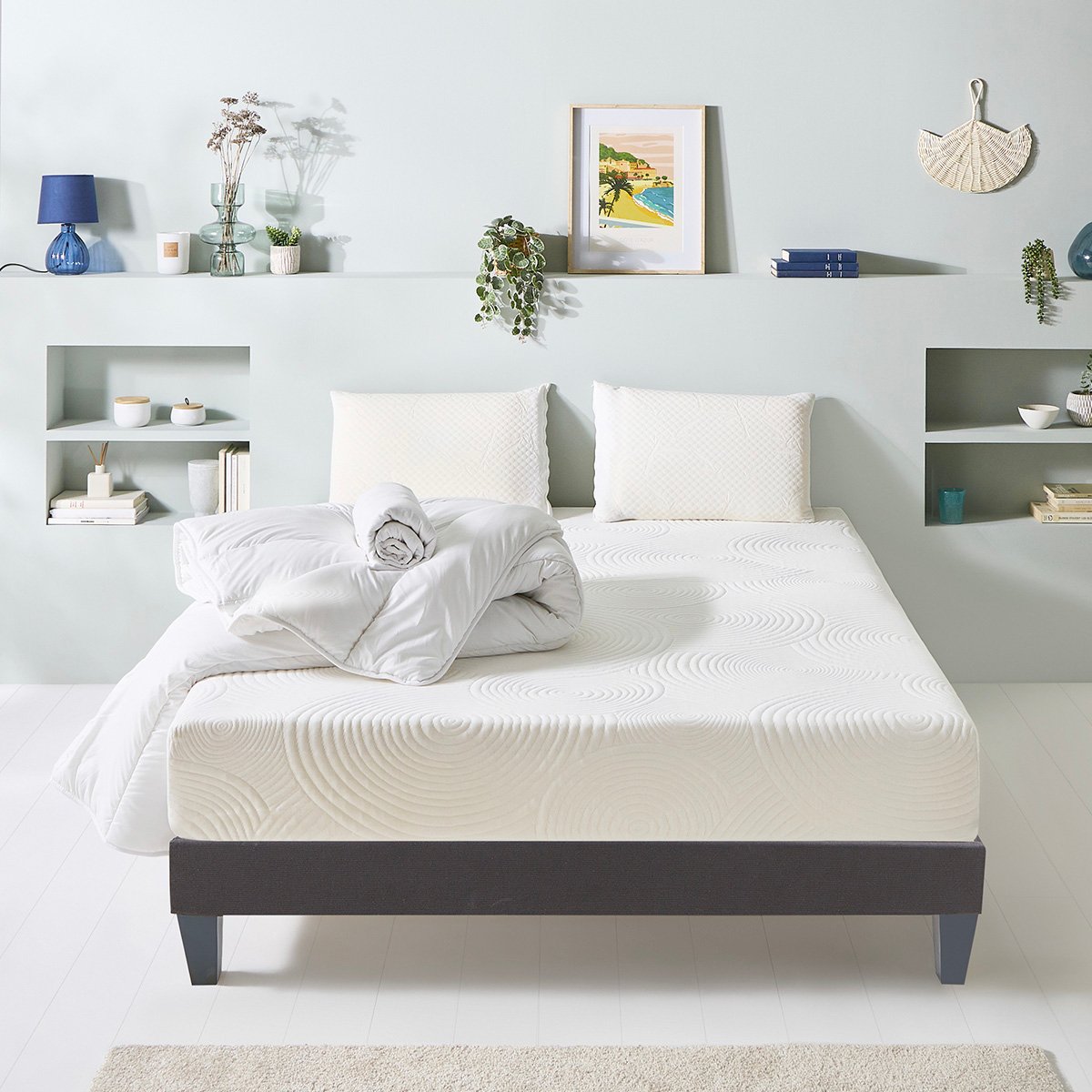 Prêt-à-dormir HÉRA avec Sommier, Couette, Oreillers et Protège-matelas blanc, OLYMPE LITERIE